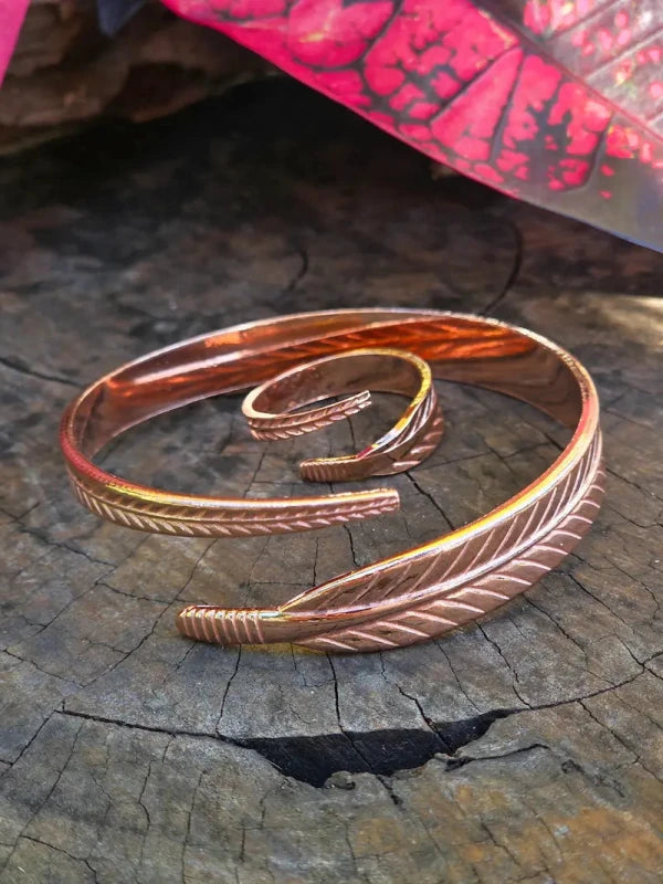 2pcs Pure Copper Cuff Bracelet & Ring Set - Feather/Leaf - Jewellery Australia
