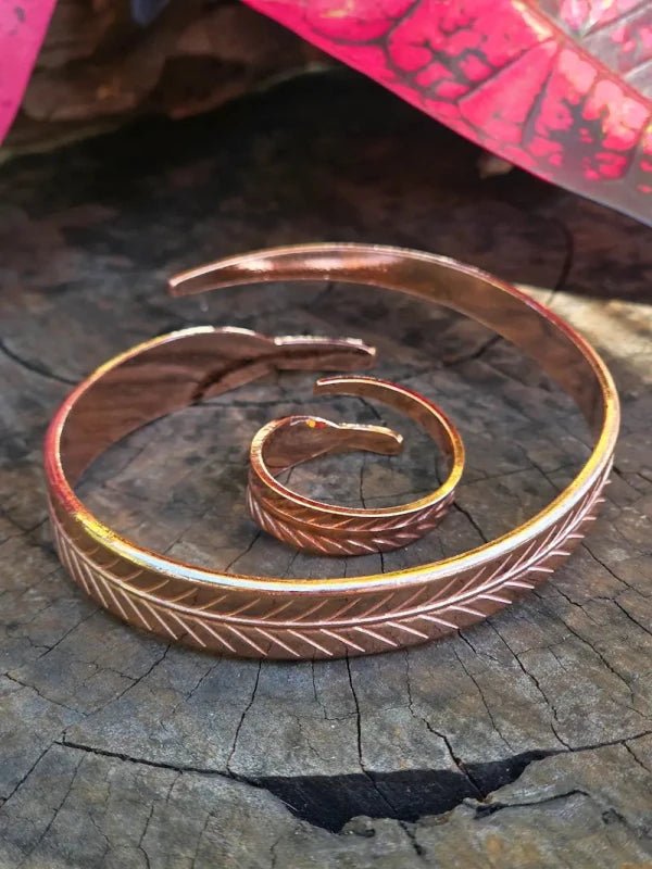 2pcs Pure Copper Cuff Bracelet & Ring Set - Feather/Leaf - Jewellery Australia