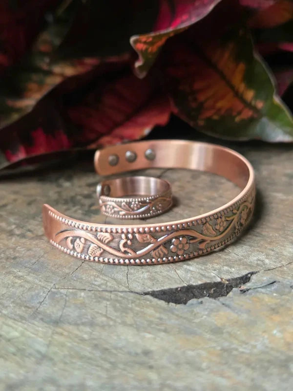 2pcs Pure Copper Magnetic Bracelet & Ring Set - Floral - Jewellery Australia