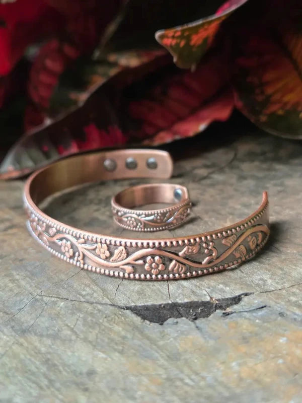 2pcs Pure Copper Magnetic Bracelet & Ring Set - Floral - Jewellery Australia