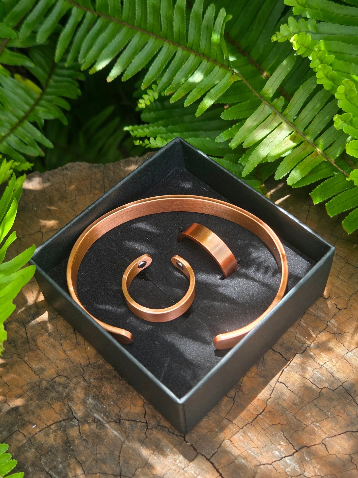 Jewellery 3pcs Pure Copper Cuff Bracelet & Magnetic Ring Set