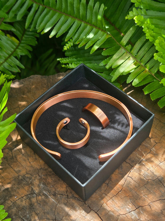Jewellery 3pcs Pure Copper Cuff Bracelet & Magnetic Ring Set