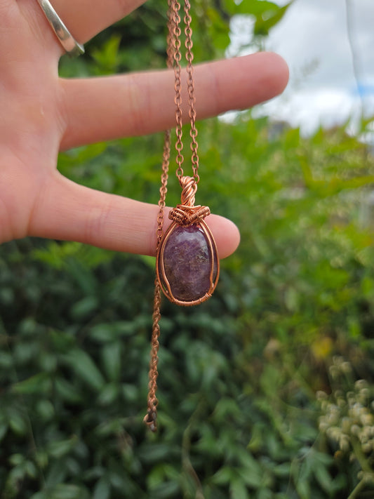 Amethyst Copper Wire Wrapped Handmade Pendant Necklace.