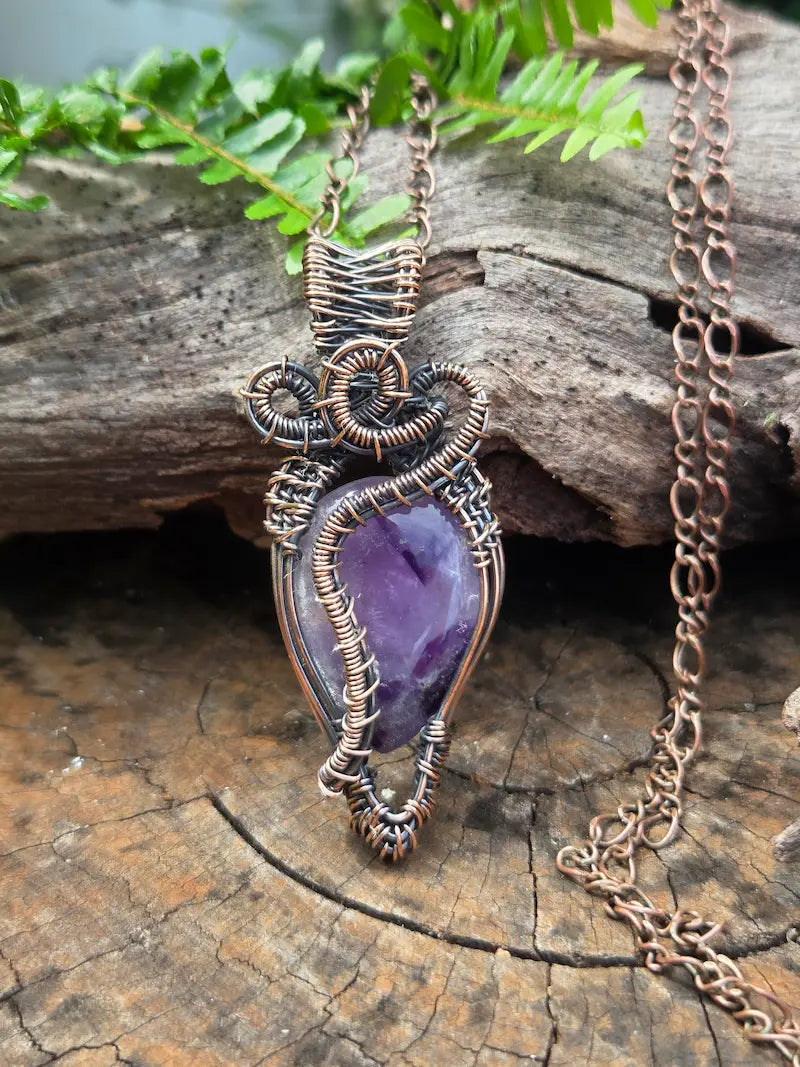 Amethyst Copper Wire Wrapped Handmade Pendant Necklace