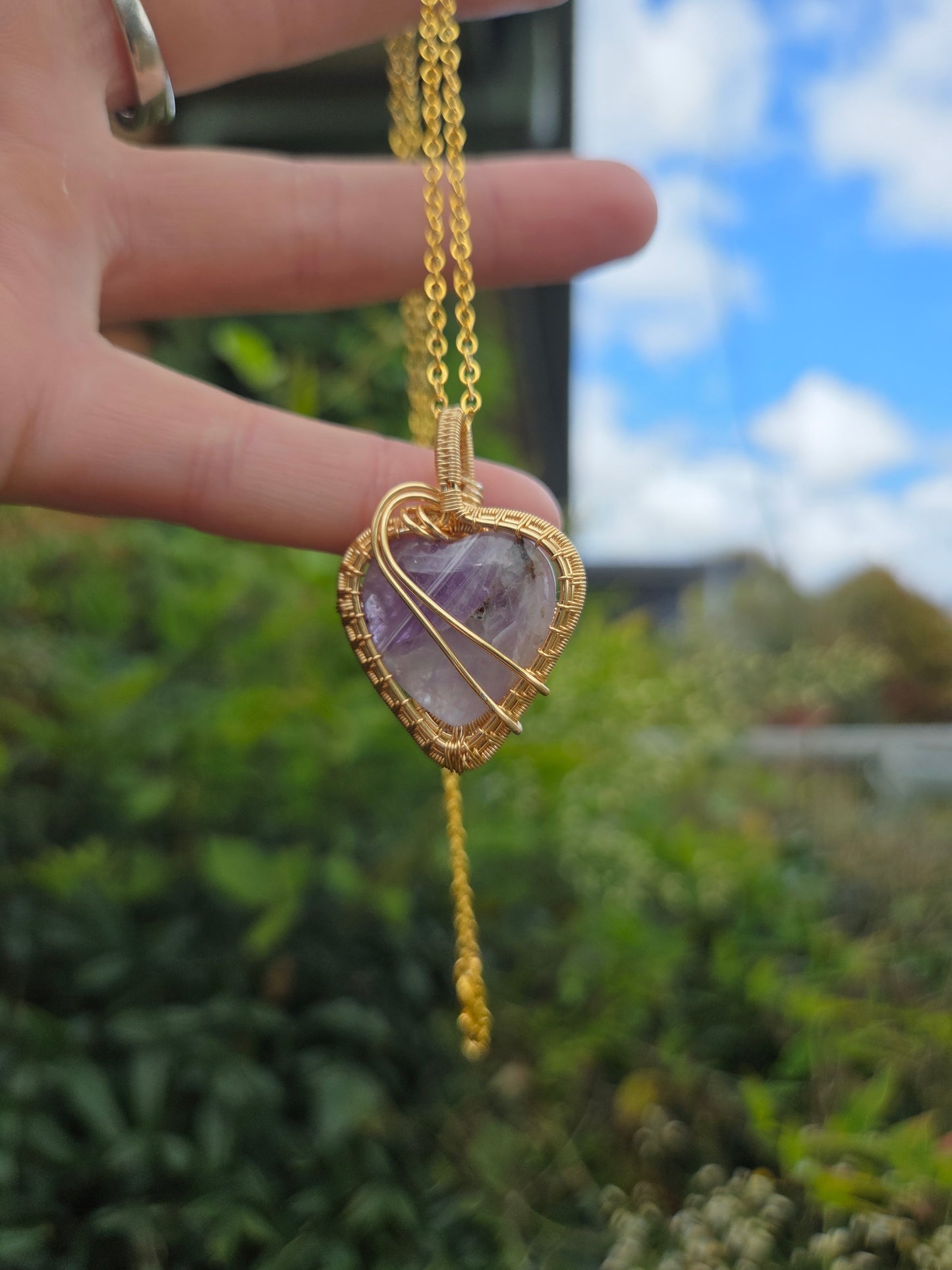 Amethyst Heart Gold Copper Wire Wrapped Handmade Pendant