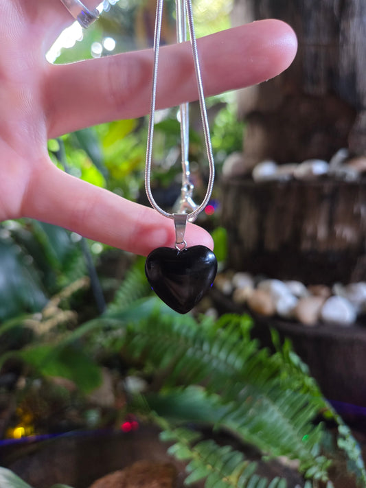 Black Obsidian Heart Silver Pendant Necklaces