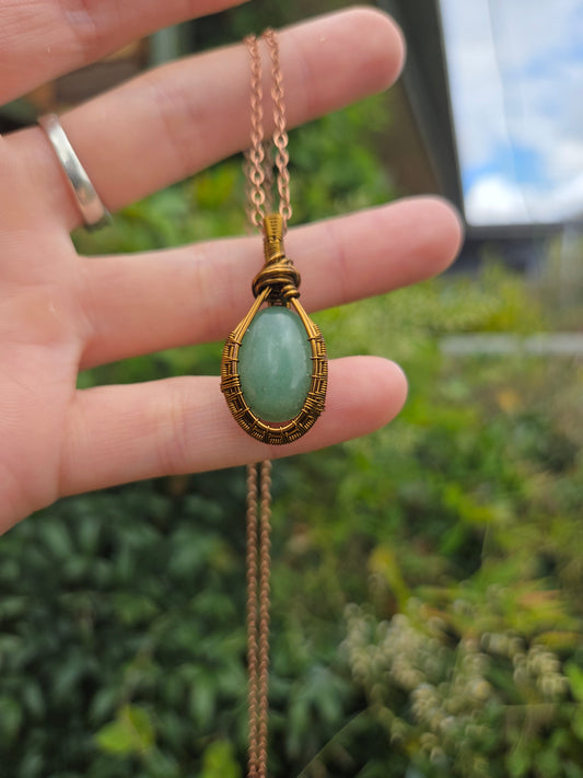 Green Aventurine Bronze Copper Wire Wrapped Handmade Pendant