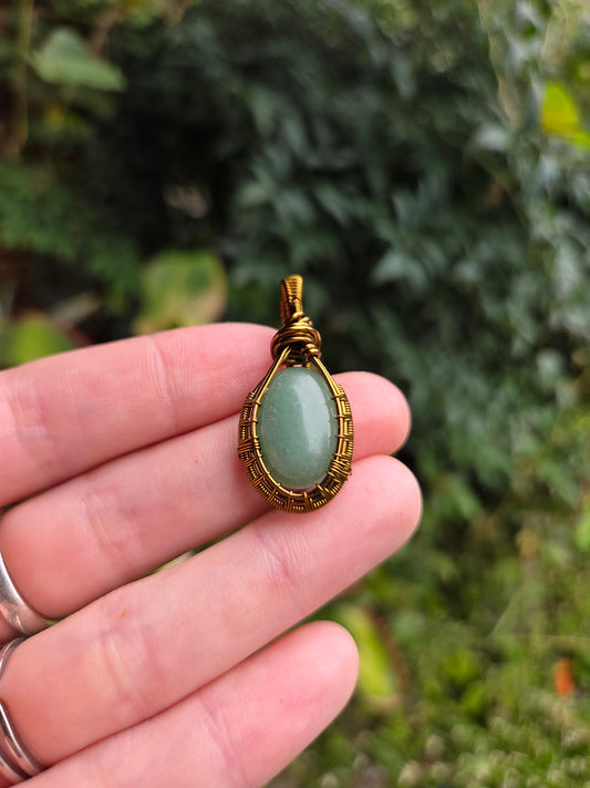 Green Aventurine Bronze Copper Wire Wrapped Handmade Pendant