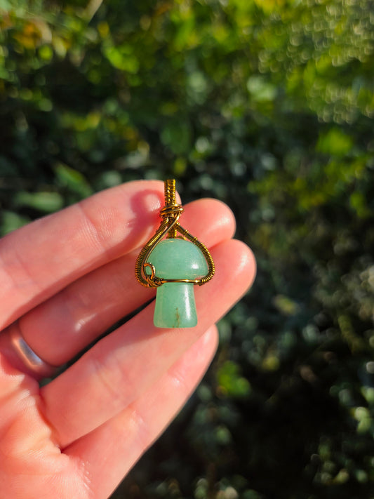 Green Aventurine Mushroom Copper Wire Wrapped Handmade Pendant Bronze 
