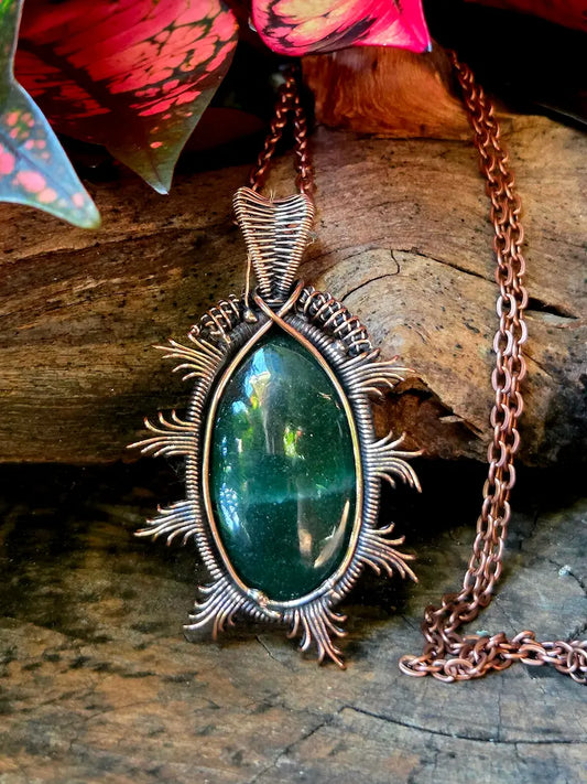 Green Fuchsite Copper Wire Wrapped Pendant Necklace