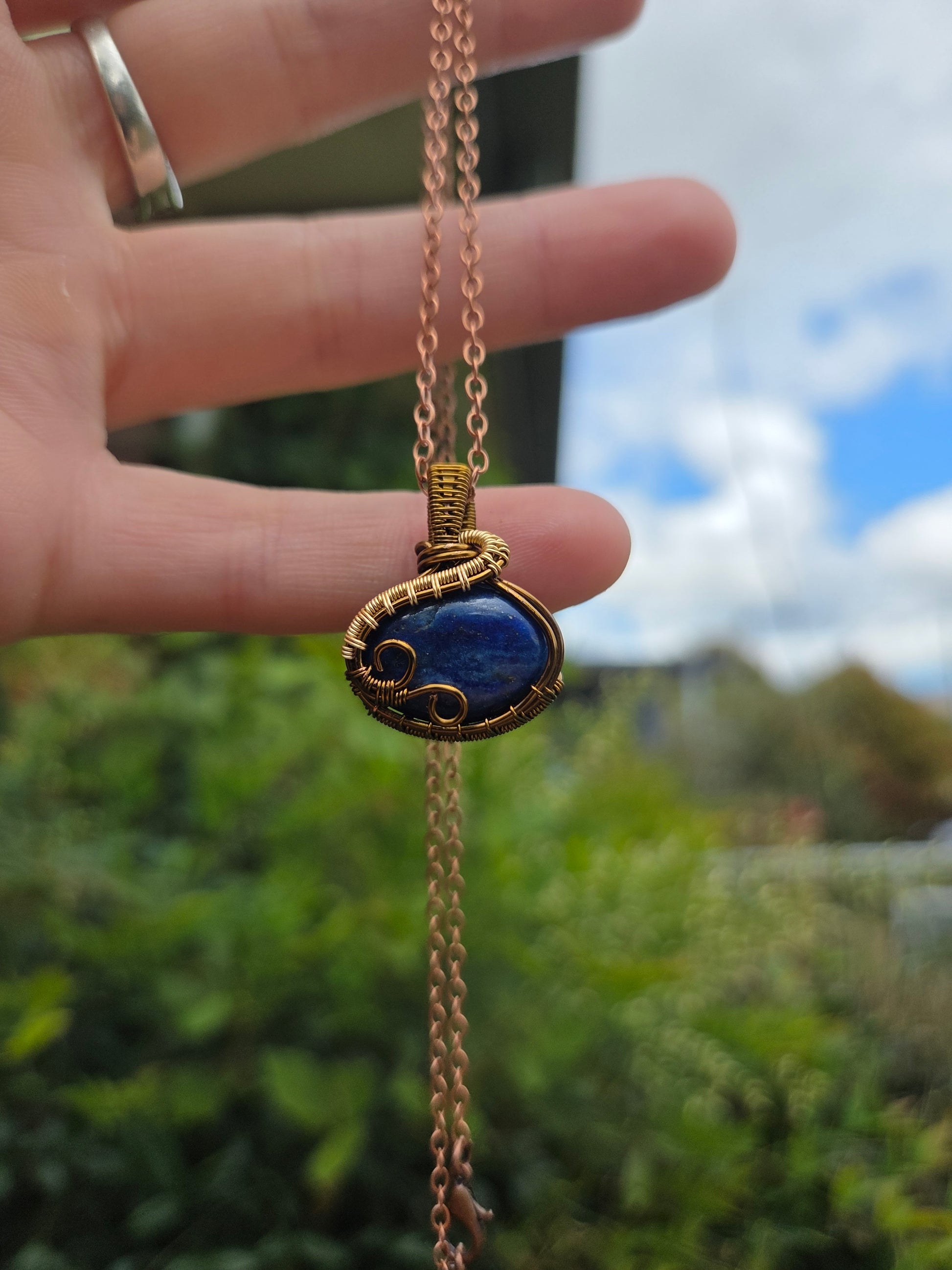 Lapis Lazuli Copper Wire Wrapped Handmade Pendant Bronze/Gold