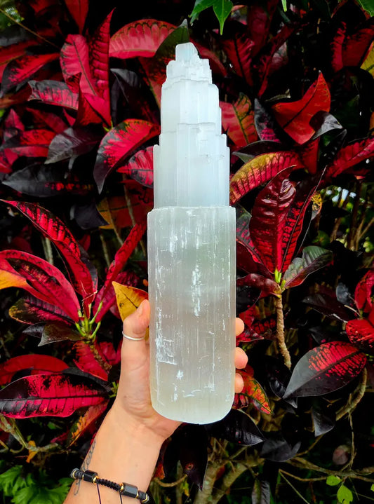 Selenite crystal tower held in front of red and green leafy plants