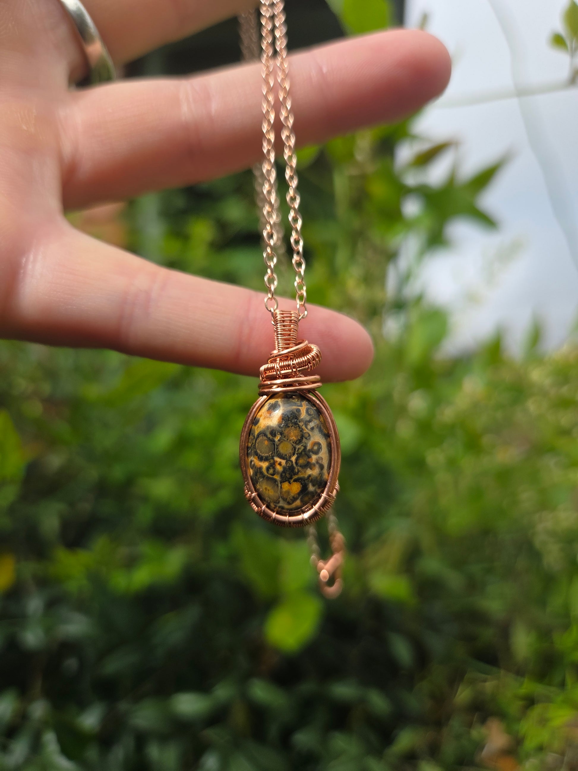 Leopard Skin Jasper Copper Wire Wrap Pendant Necklace 