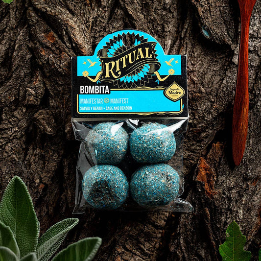 Packaged blue Bombita with Ritual branding on a tree bark background