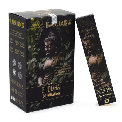 Bajura Buddha Meditation incense packaging with a Buddha statue image on a white background