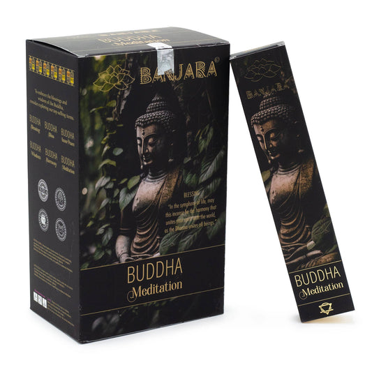 Bajura Buddha Meditation incense packaging with a Buddha statue image on a white background