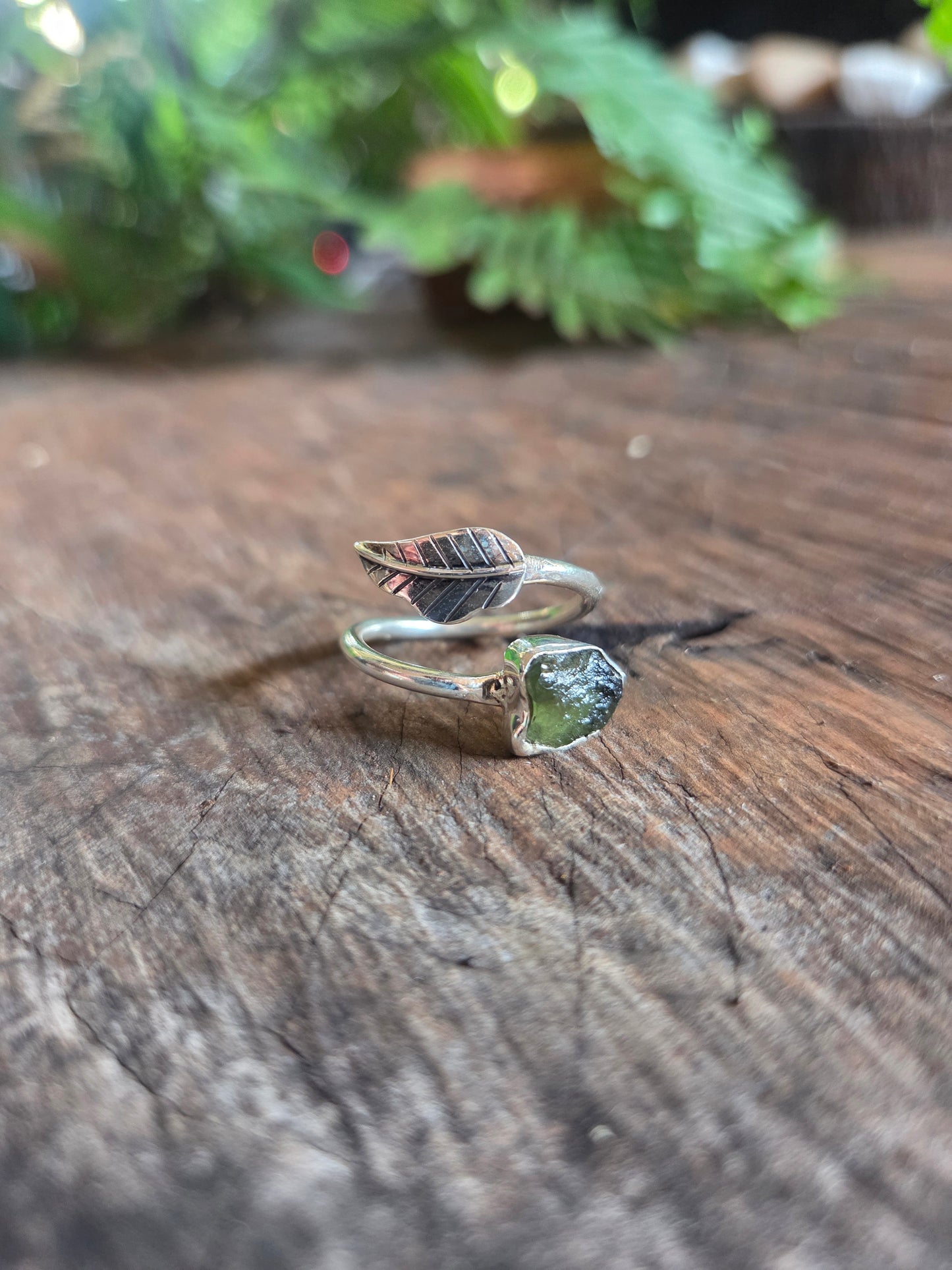 Natural Moldavite Adjustable Leaf Ring 925 Silver