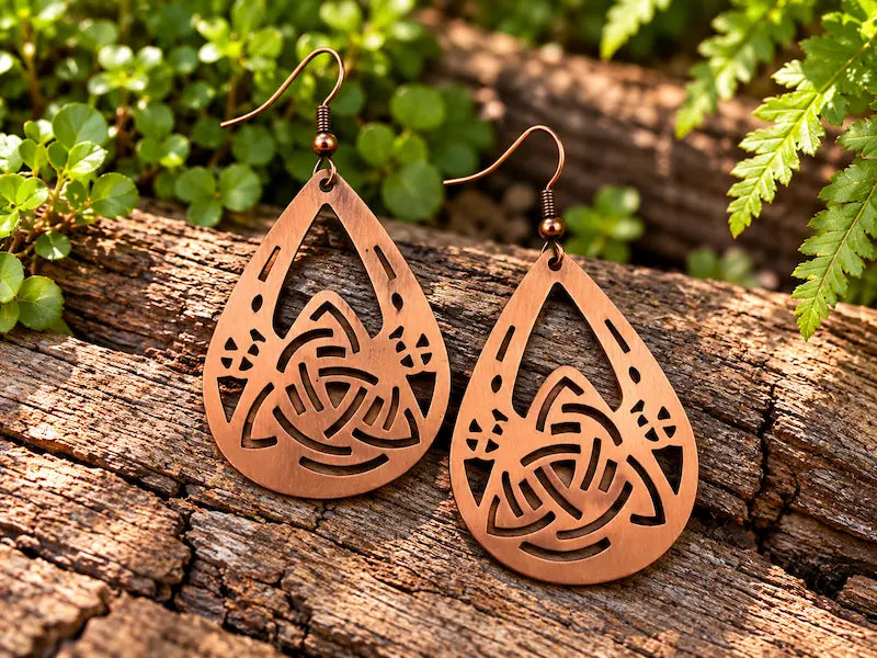 Copper Earrings with a celtic knot design, resting on a natural wooden surface with green leaves in the background 