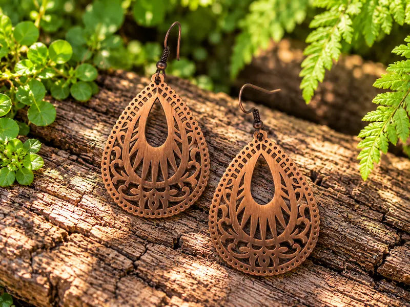 Copper Earrings with a filigree teardrop design, resting on a natural wooden surface with green leaves in the background 
