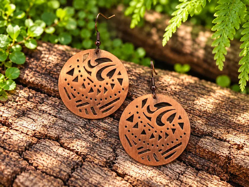 Copper Earrings with a geometric design, resting on a natural wooden surface with green leaves in the background 
