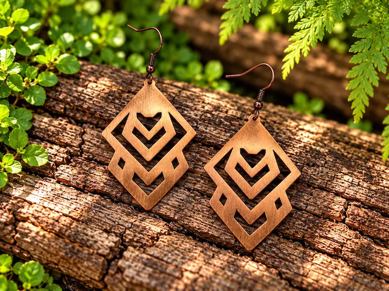 Copper Earrings with a geometric chevron design, resting on a natural wooden surface with green leaves in the background 