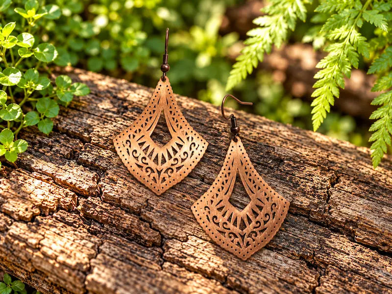 Copper Earrings with a geometric filigree design, resting on a natural wooden surface with green leaves in the background 
