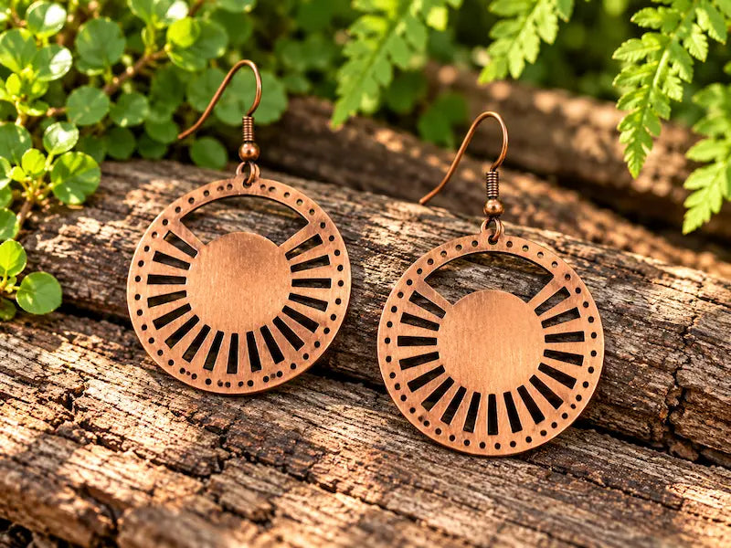 Copper Earrings with a sunburst design, resting on a natural wooden surface with green leaves in the background 
