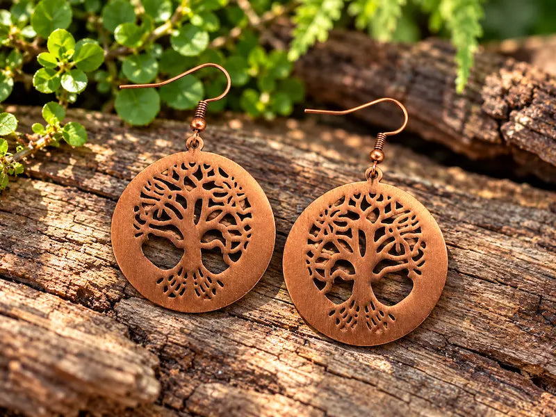 Copper earrings with a tree of life design, resting on a natural wooden surface with green leaves in the background 