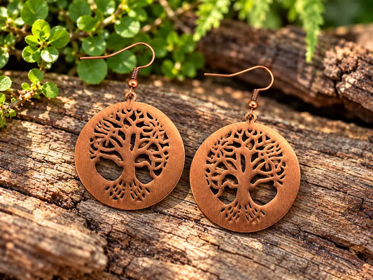 Copper earrings with a tree of life design, resting on a natural wooden surface with green leaves in the background 