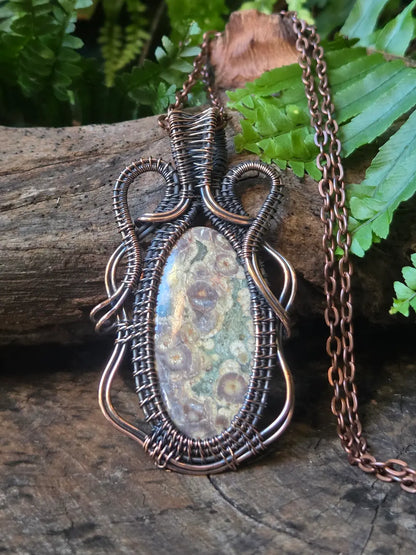 Rainforest Jasper Copper Wire Wrapped Pendant Necklace