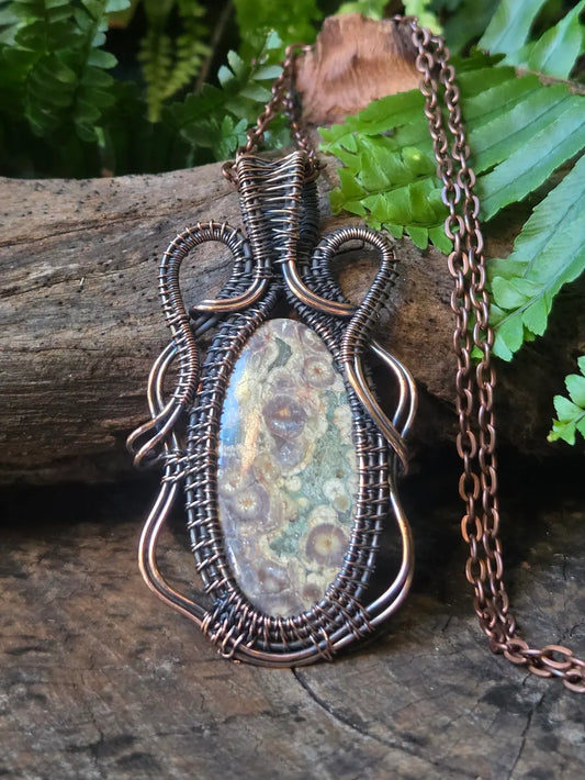 Rainforest Jasper Copper Wire Wrapped Pendant Necklace
