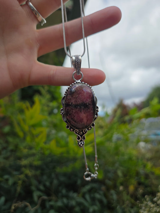 Rhodonite Pendant Necklace 925 Silver