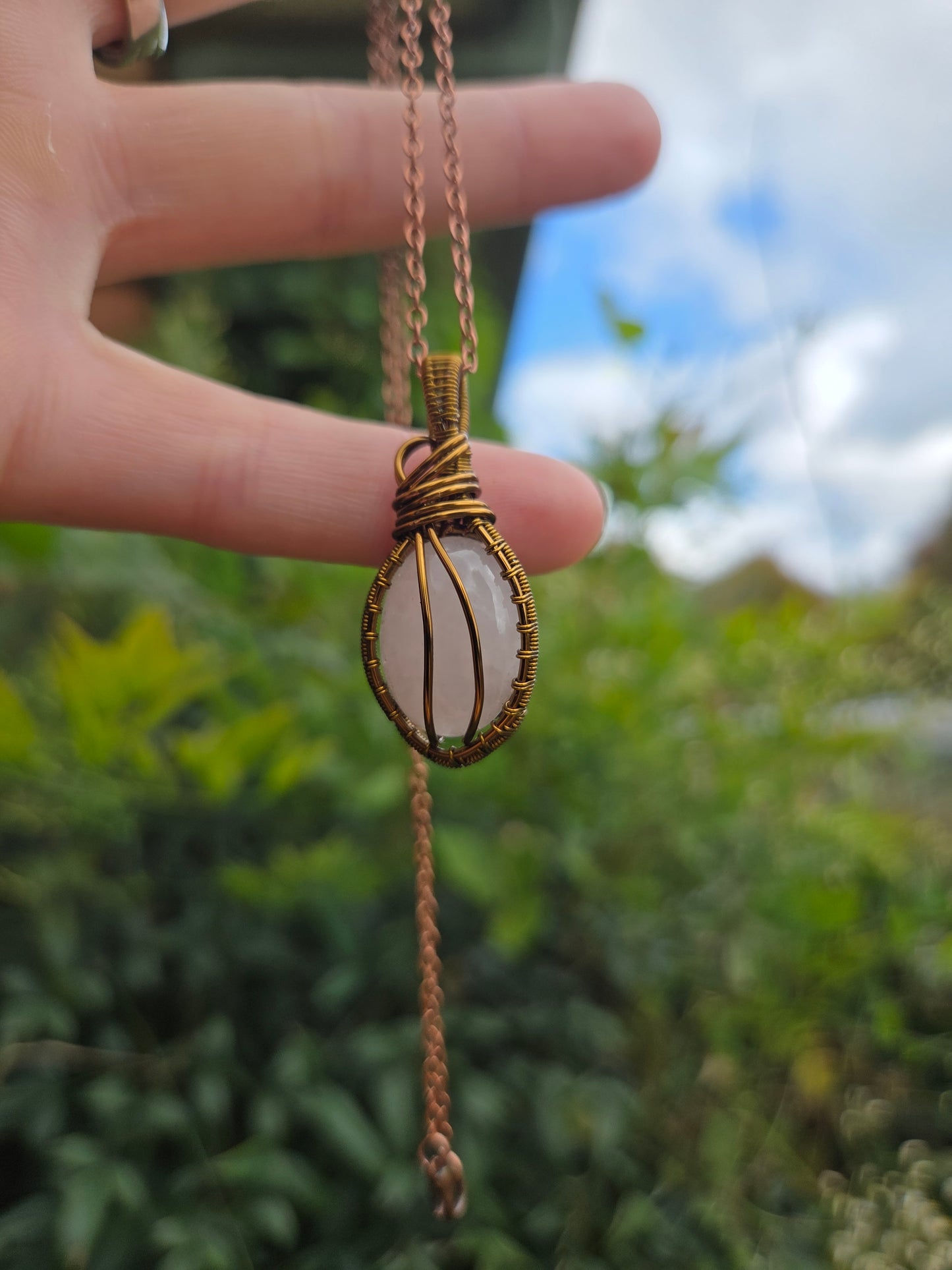 Rose Quartz Bronze Copper Wire Wrapped Handmade Pendant