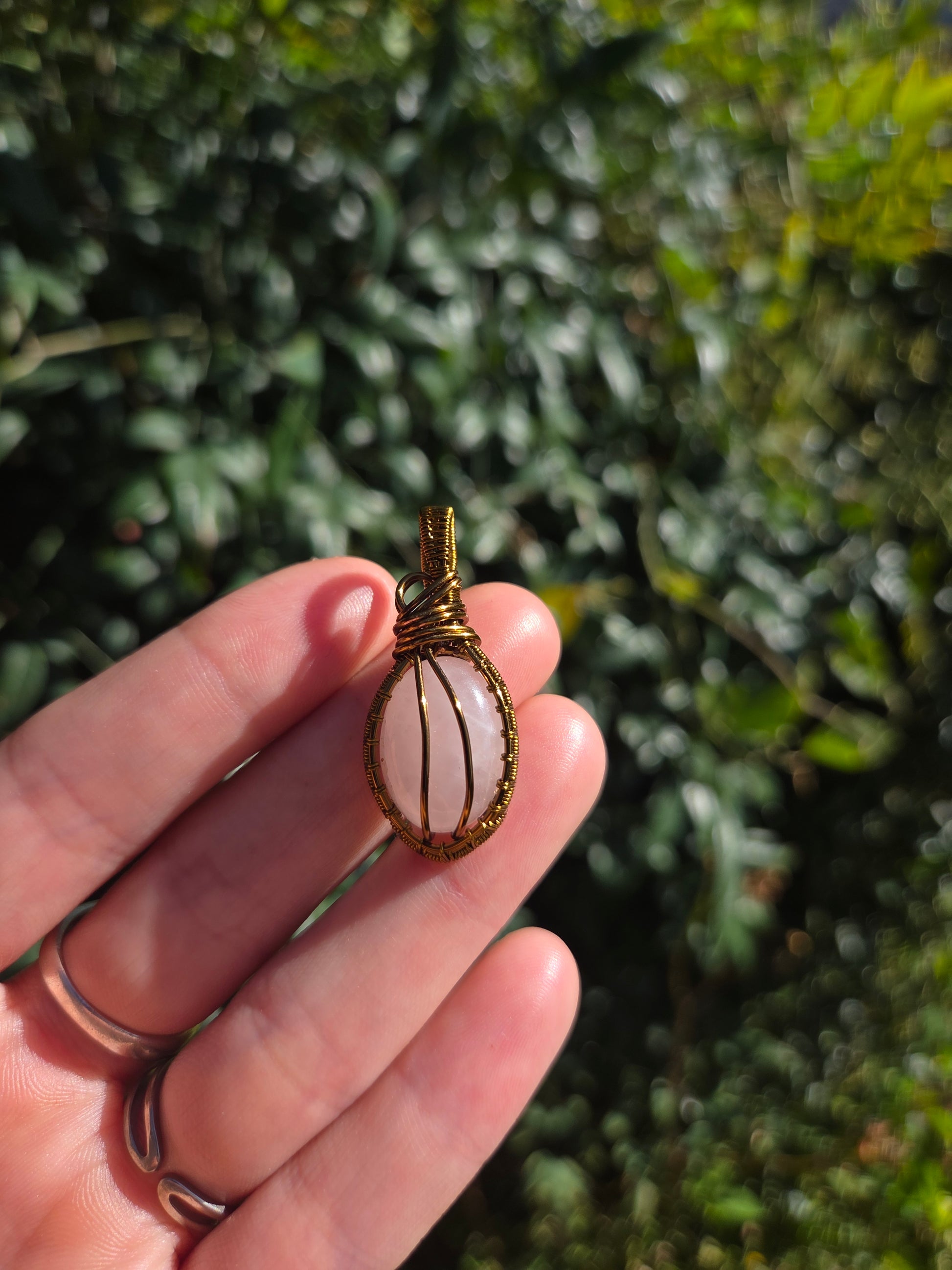 Rose Quartz Bronze Copper Wire Wrapped Handmade Pendant