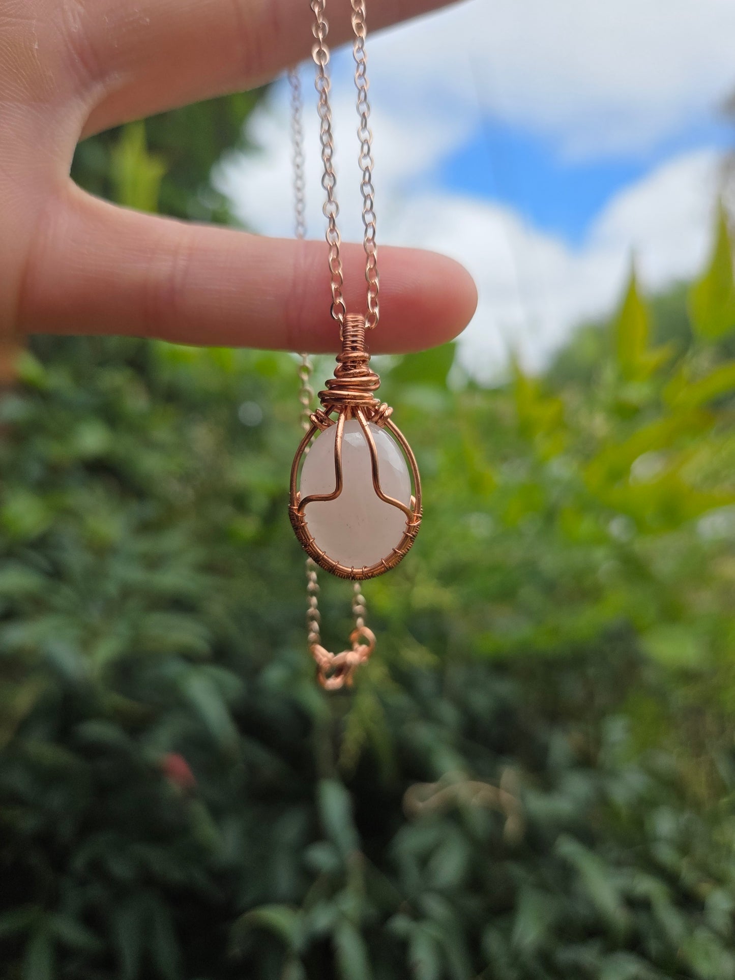 Rose Quartz Copper Wire Wrap Pendant Necklace