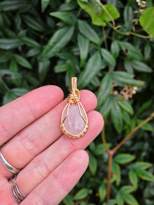 Rose Quartz Gold Copper Wire Wrapped Handmade Pendant