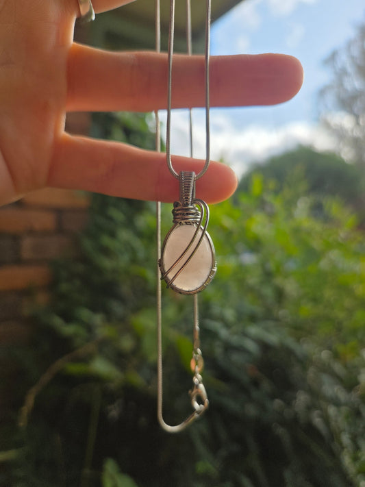 Rose Quartz Silver Wire Wrap Pendant Necklace 