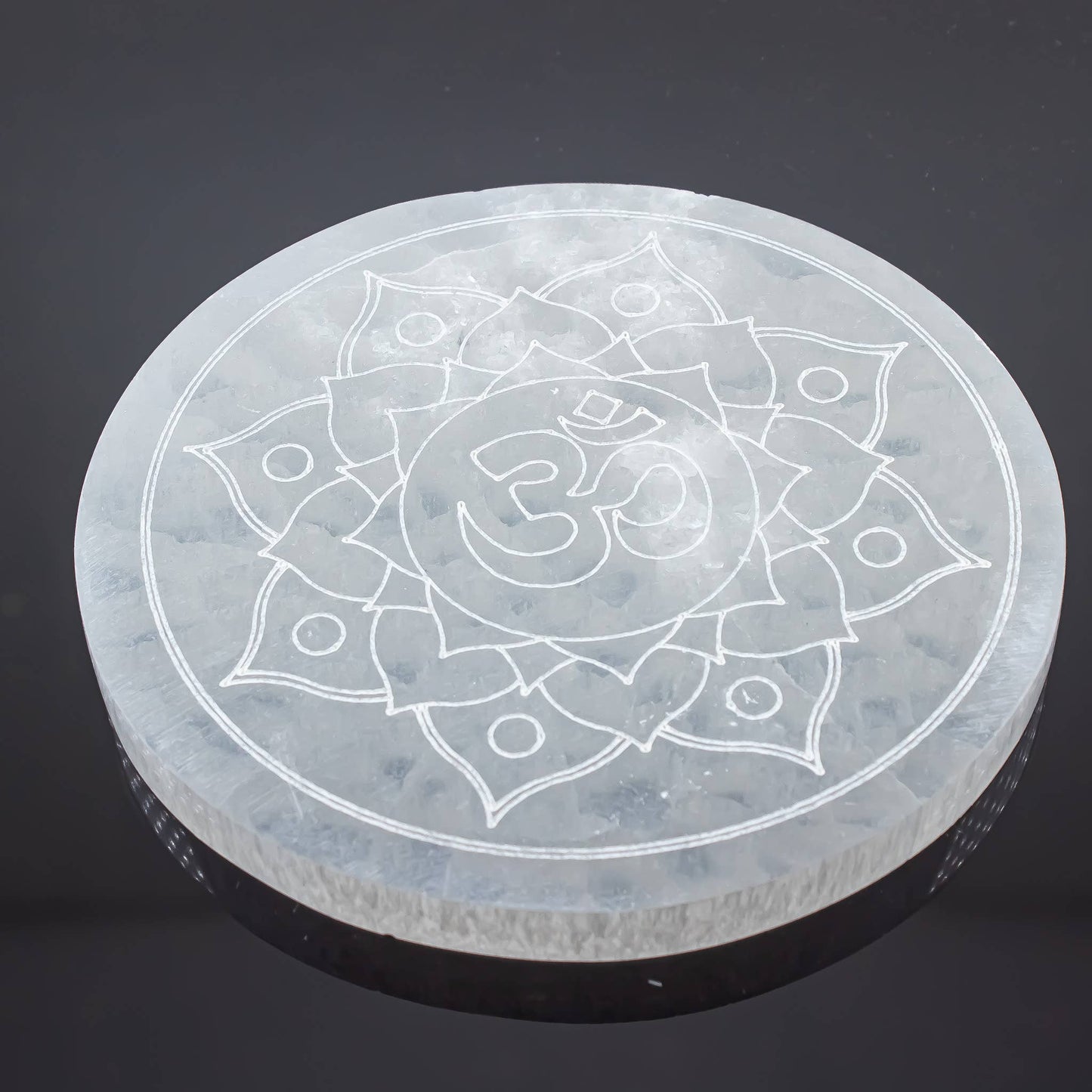 Selenite Engraved Round Om Lotus Charging Plate 14cm