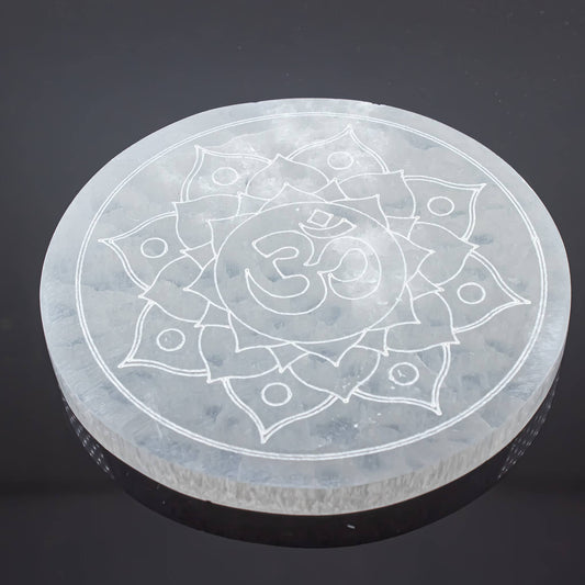 Selenite Engraved Round Om Lotus Charging Plate 14cm