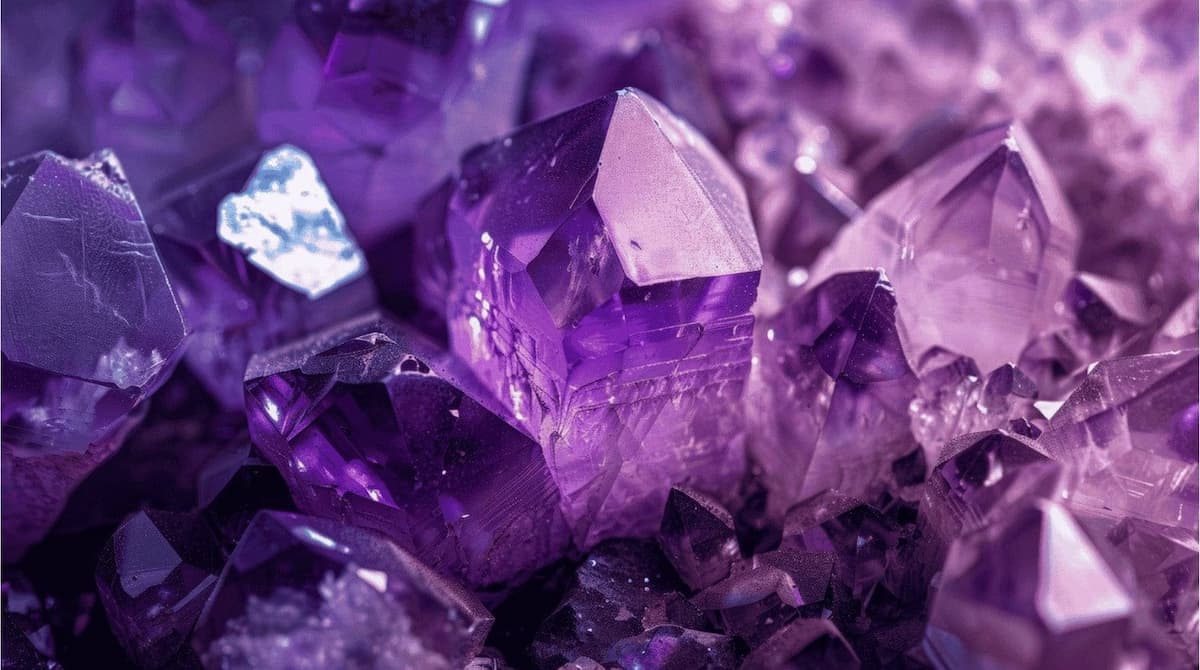 Close-up of purple crystals with a focus on their geometric shapes and reflective surfaces.