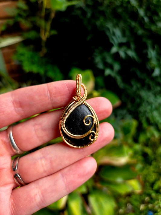 Shungite Copper Wire Wrapped Handmade Pendant Gold