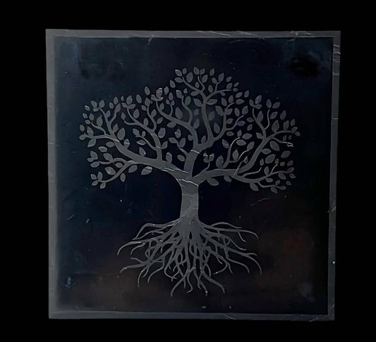 Shungite Square Tile Engraved Tree of Life 10cm