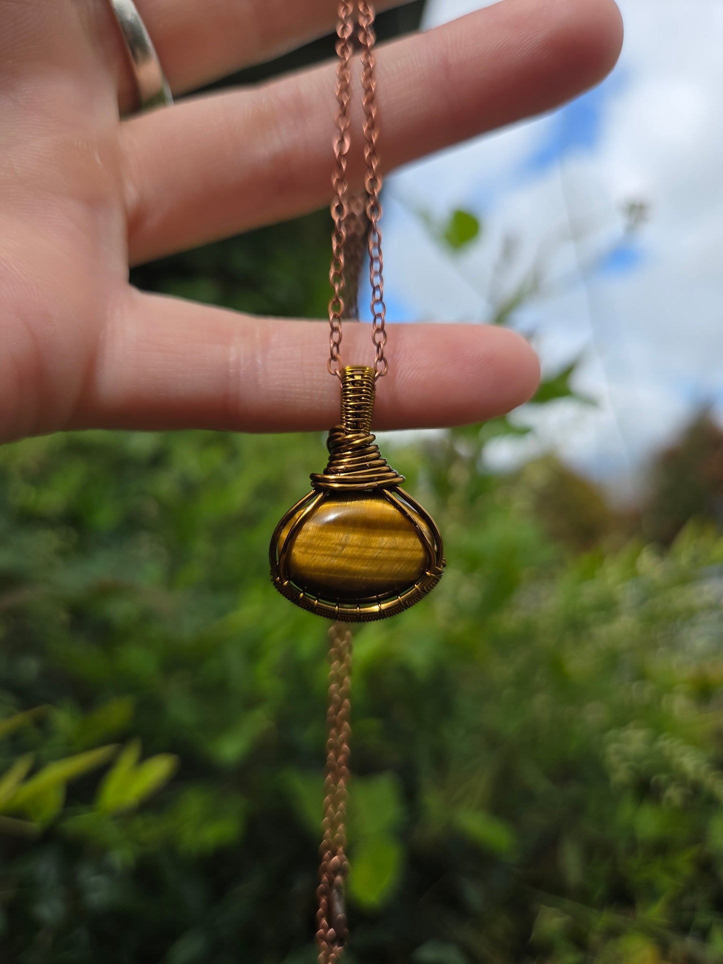 Tigers Eye Bronze Copper Wire Wrapped Pendant Necklace