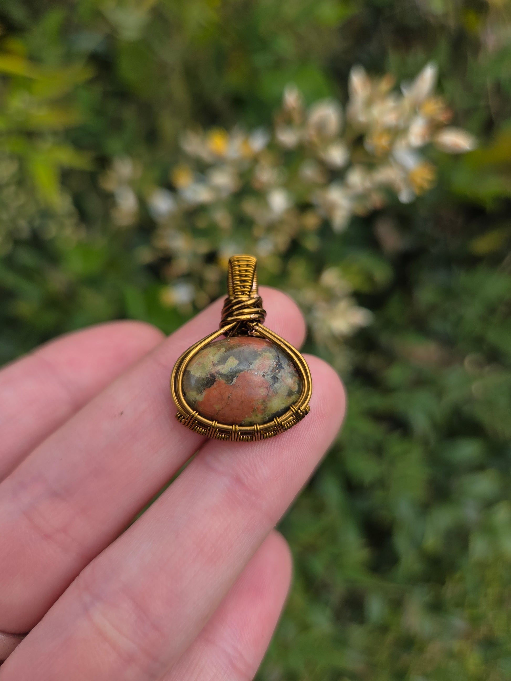 Unakite Copper Wire Wrapped Handmade Pendant Bronze 