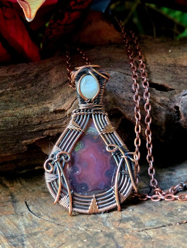 Agate & Moonstone Copper Wire Wrapped Pendant Necklace - Jewellery Australia