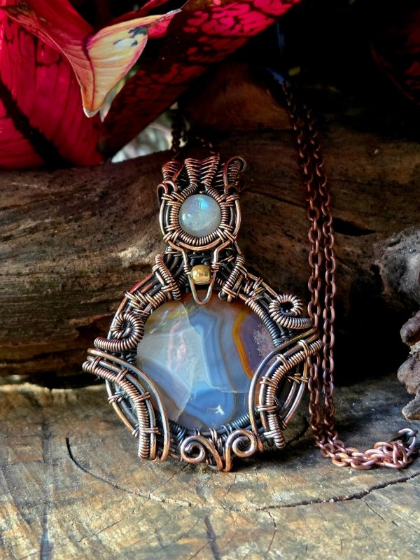 Agate & Moonstone Copper Wire Wrapped Pendant Necklace - Jewellery Australia