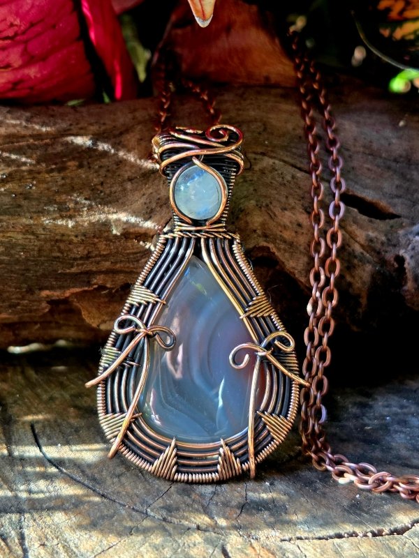 Agate & Moonstone Copper Wire Wrapped Pendant Necklace - Jewellery Australia