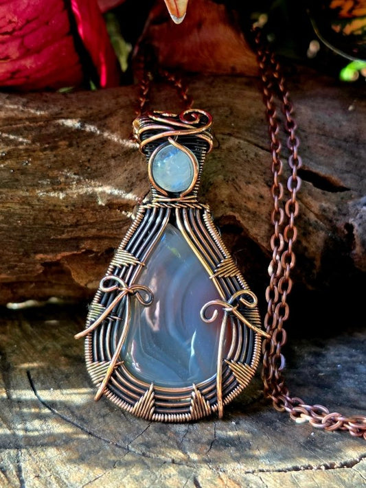 Agate & Moonstone Copper Wire Wrapped Pendant Necklace - Jewellery Australia