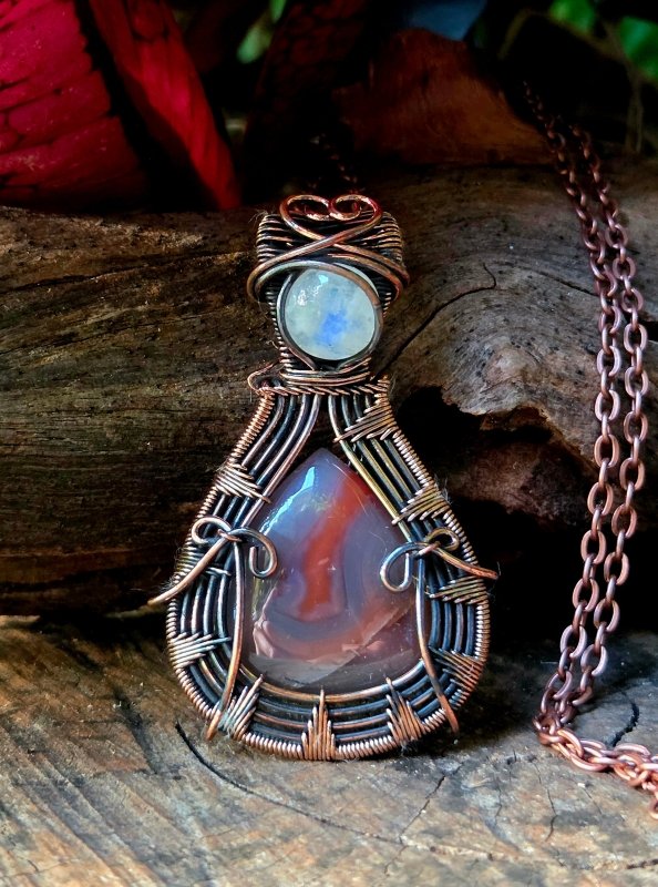 Agate & Moonstone Copper Wire Wrapped Pendant Necklace - Jewellery Australia