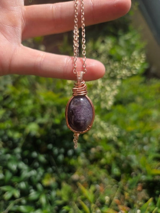 Amethyst Crystal Copper Wire Wrapped Handmade Pendant Necklace - Jewellery Australia